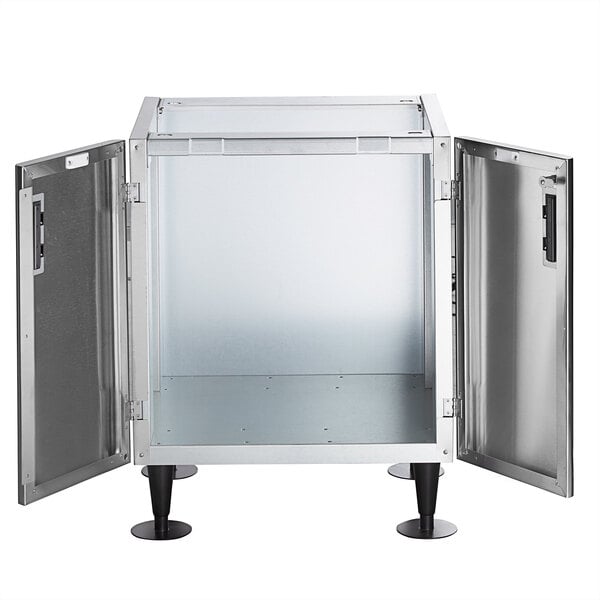 A metal stand with open doors.