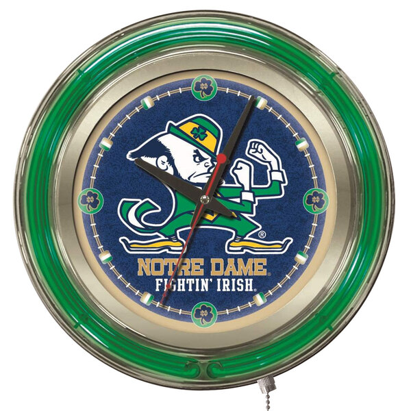 A green and silver Holland Bar Stool University of Notre Dame 15" neon clock with a leprechaun face.