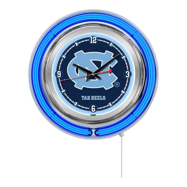 A white clock with a blue and white University of North Carolina logo in blue neon.