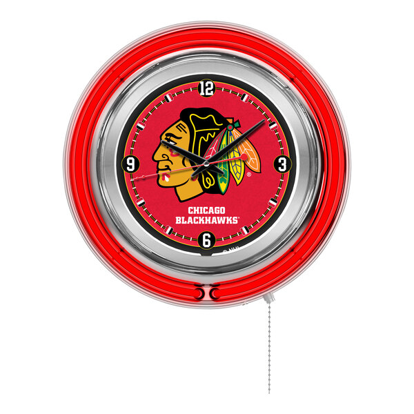 A Holland Bar Stool Chicago Blackhawks neon clock with a logo on the face.