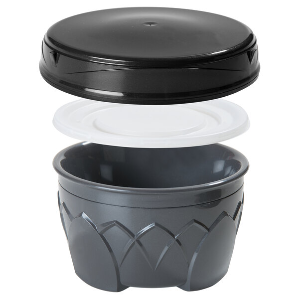 A black and white Dinex soup bowl with a white lid.