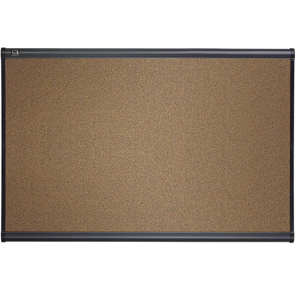 A brown cork bulletin board with a black frame.