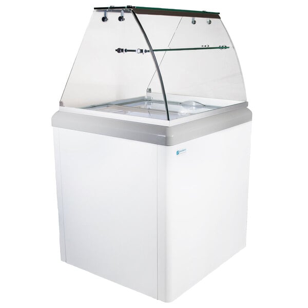 A white rectangular Excellence gelato dipping cabinet with a clear glass top.