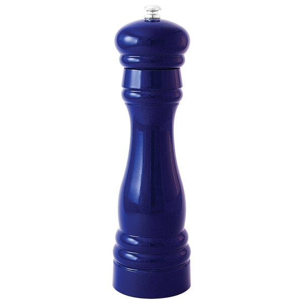 A Fletchers' Mill cobalt wooden pepper mill with a lid.