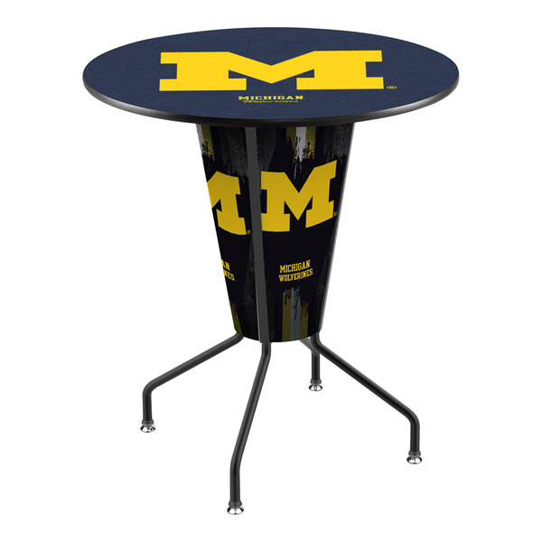A round black pub table with a University of Michigan Wolverines logo on it.