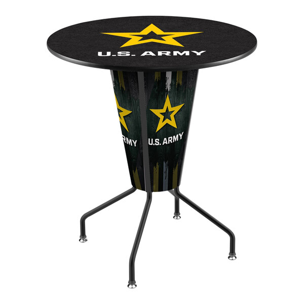 A black round Holland Bar Stool table with a United States Army logo on it.