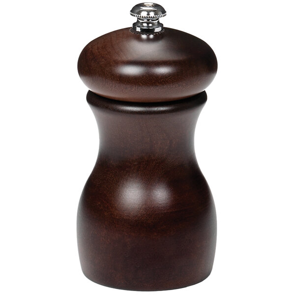 A Fletchers' Mill Marsala walnut stain salt mill with a metal top and wooden handle.