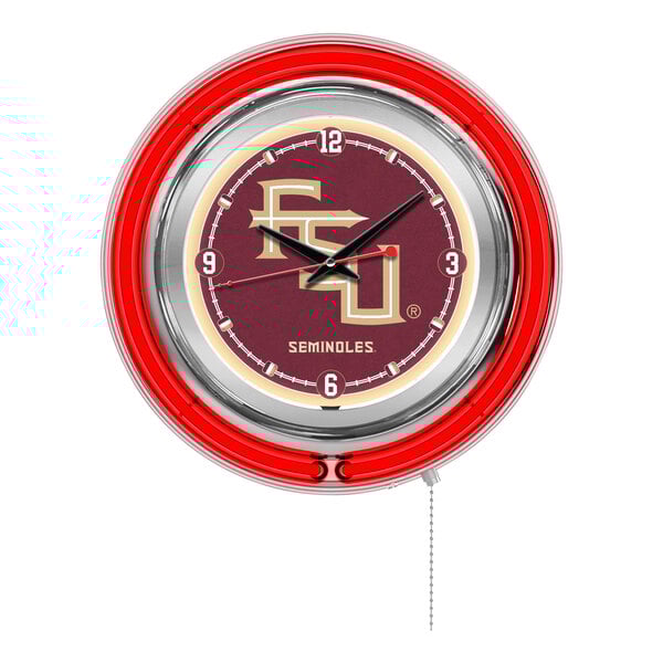 A white and red clock with the Florida State Seminoles logo on the face.
