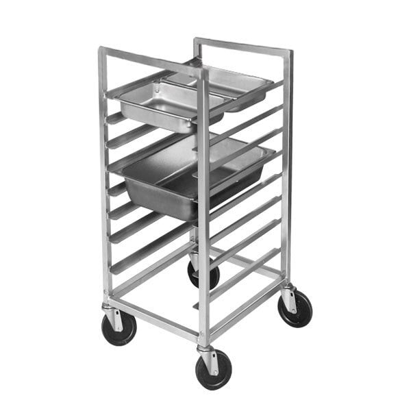 A Channel aluminum steam table pan rack loaded with trays on wheels.
