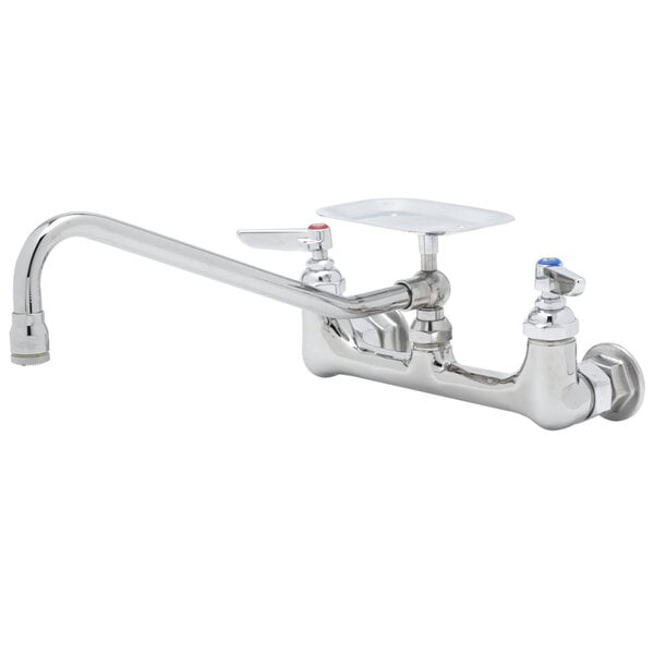 A silver T&S wall mounted pantry faucet with soap dish.