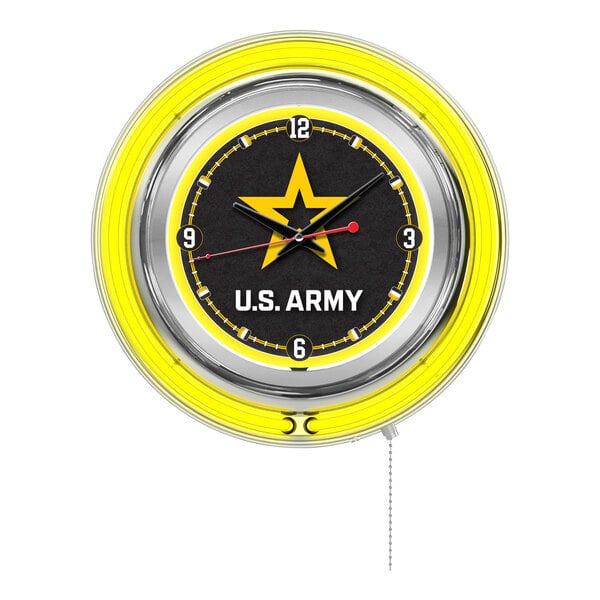 A Holland Bar Stool United States Army neon clock with a yellow frame and the US Army star in the center.