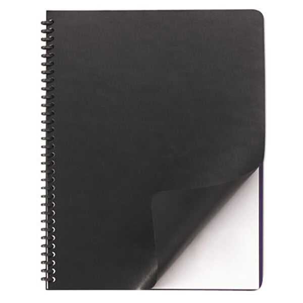 A black rectangular Swingline GBC leather-look binding cover with a white border.
