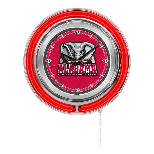 A clock with a University of Alabama logo and text in a red frame.