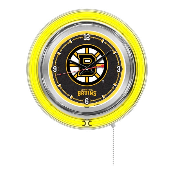 A white Holland Bar Stool clock with the Boston Bruins logo and numbers on it.