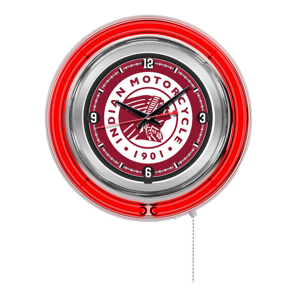A red and white clock with an Indian Motorcycle logo.