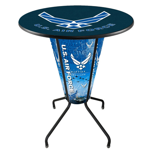 A round bar height table with the United States Air Force logo in blue and white.