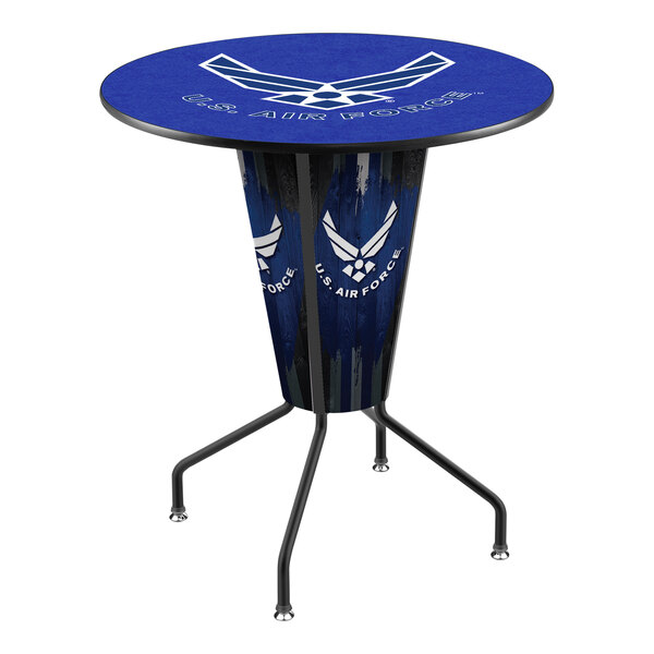 A blue Holland Bar Stool table with a United States Air Force logo on it.