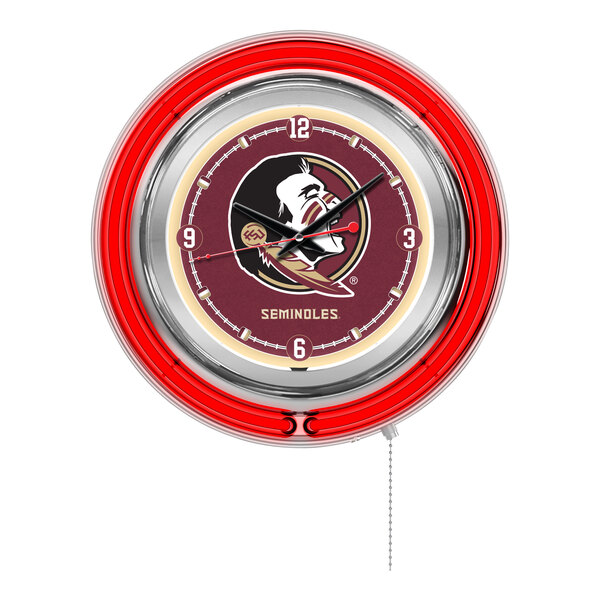 A Holland Bar Stool Florida State University neon clock with a logo on it.
