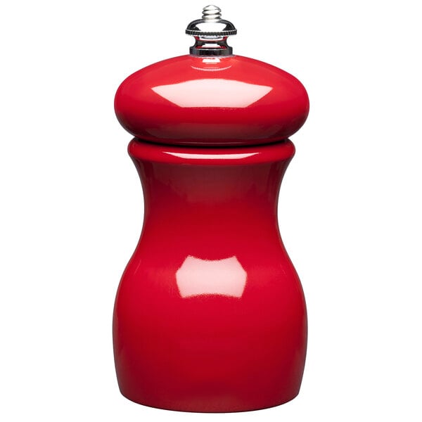 A Fletchers' Mill Marsala red pepper mill with a silver top.