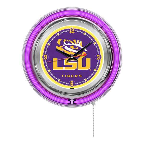 A white clock with a purple and yellow Louisiana State University logo.