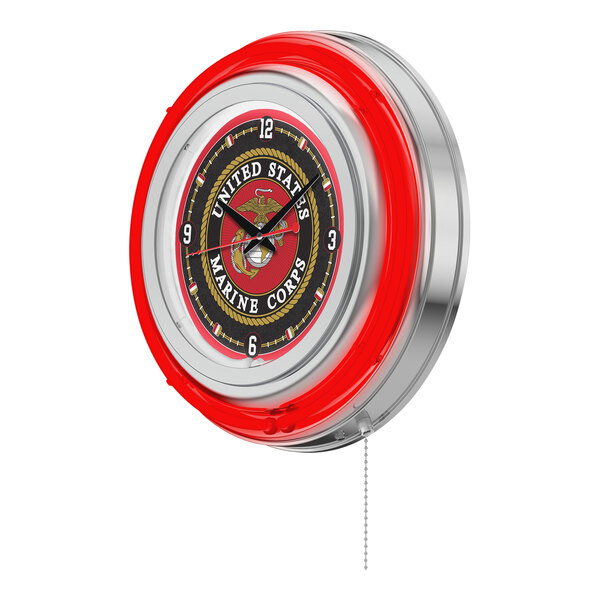 A red and chrome clock with a US Marine Corps logo and text in the center.