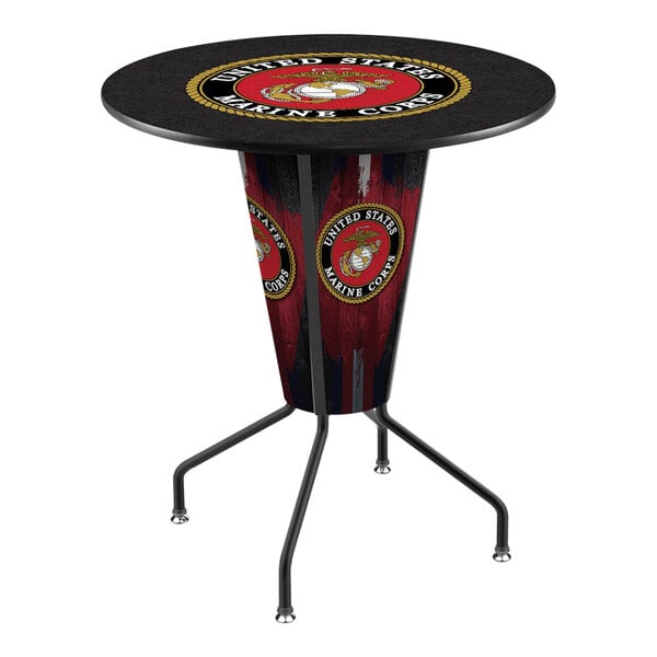 A black and red Holland Bar Stool United States Marine Corps pub table with the Marine emblem lit up in the center.