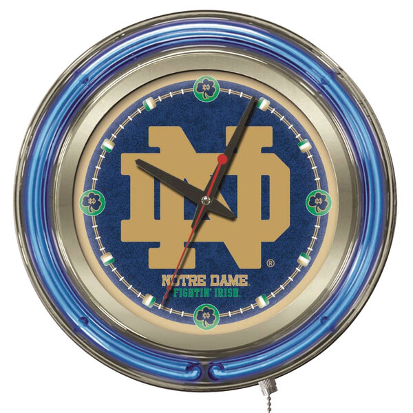 A blue and gold clock with a Notre Dame logo.