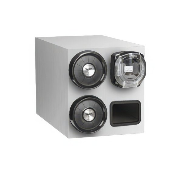 A white box with black round Vollrath cup dispensers and a white rectangular straw pocket.