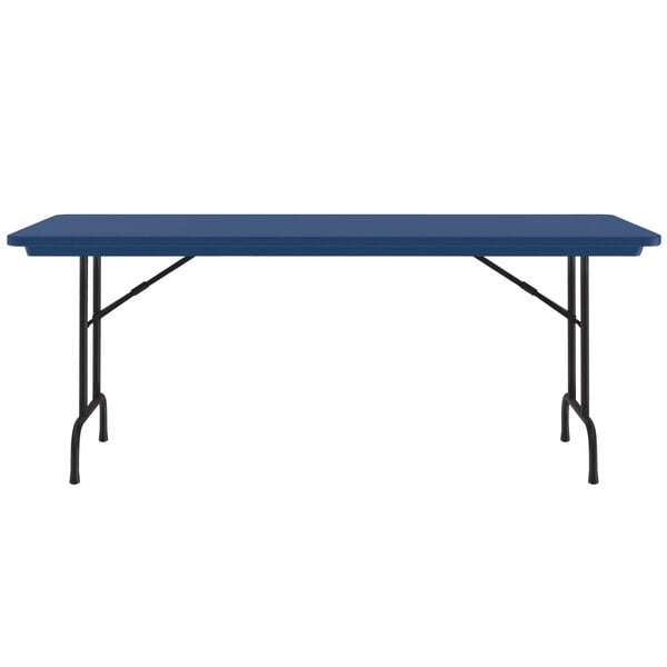 A blue rectangular Correll plastic folding table with black legs.
