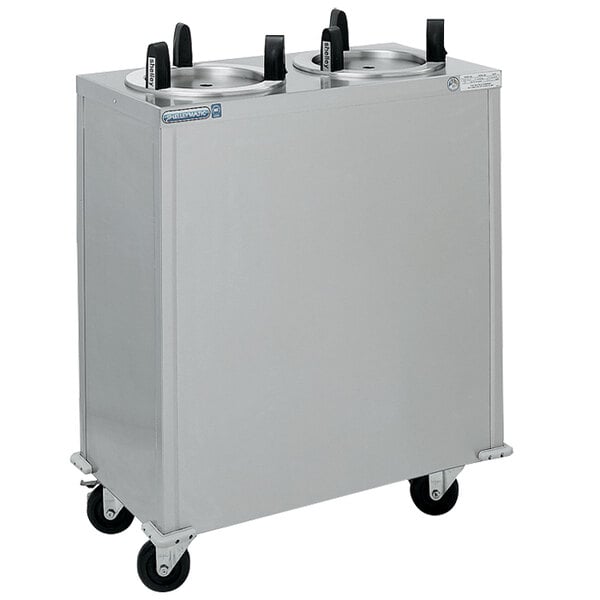 A stainless steel Delfield mobile enclosed dish dispenser with black handles on wheels.