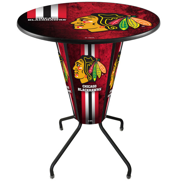 A Holland Bar Stool Chicago Blackhawks pub table with LED lights and a team logo on it.