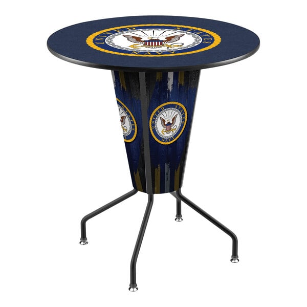 A round navy blue Holland Bar Stool table with a United States Navy emblem on it.