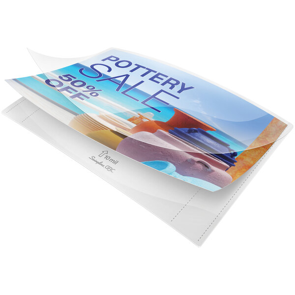 A white Swingline GBC box of 50 clear laminating pouches with a paper showing a vase inside.