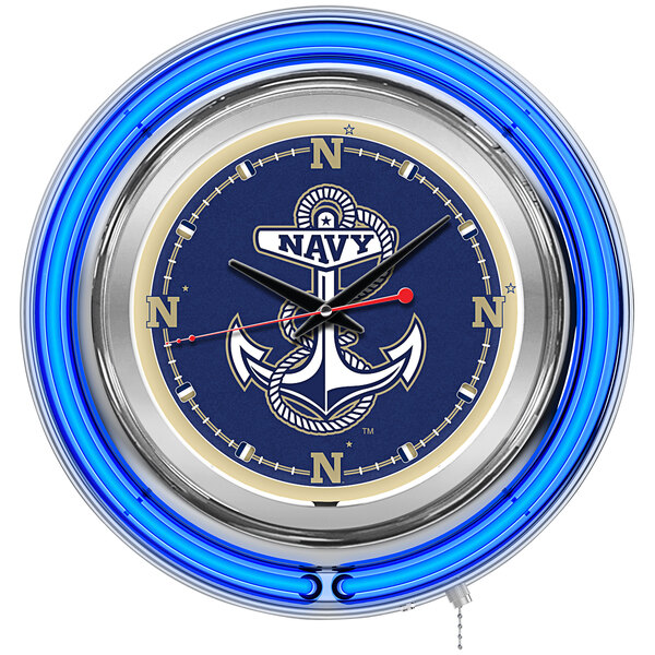 A Holland Bar Stool United States Navy neon clock with blue and white clock face and anchor in the center.