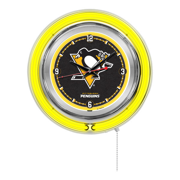 A Holland Bar Stool Pittsburgh Penguins neon clock with a logo on it.