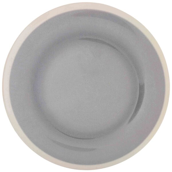 A gray plate with a white rim.