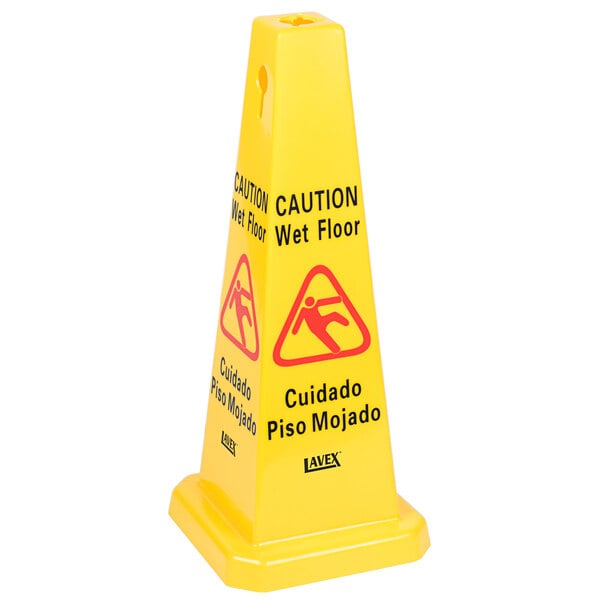 A yellow cone-shaped sign with black and red text that reads "Caution Wet Floor"