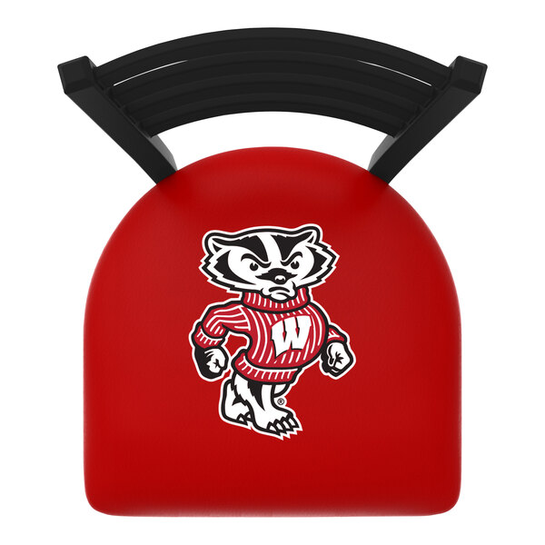 A red padded bar stool seat with a black ladder back and the University of Wisconsin mascot logo on the seat.