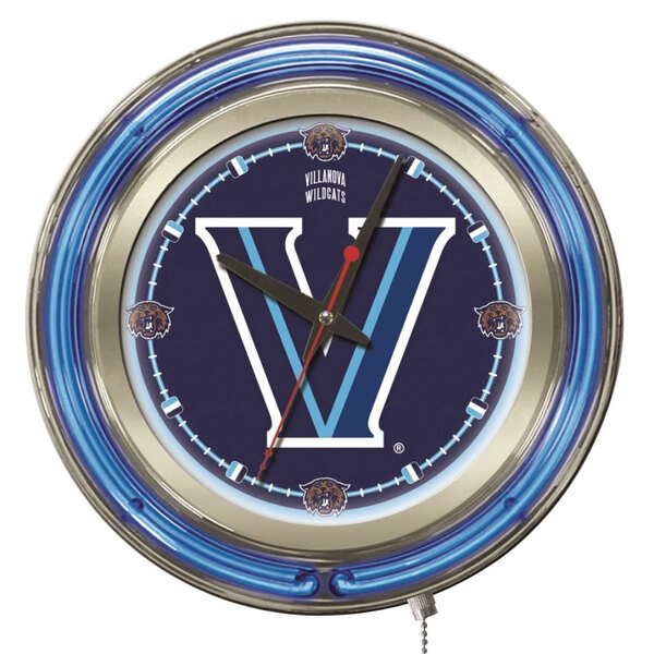 A blue and white clock with the Villanova University logo and a letter V in the center.