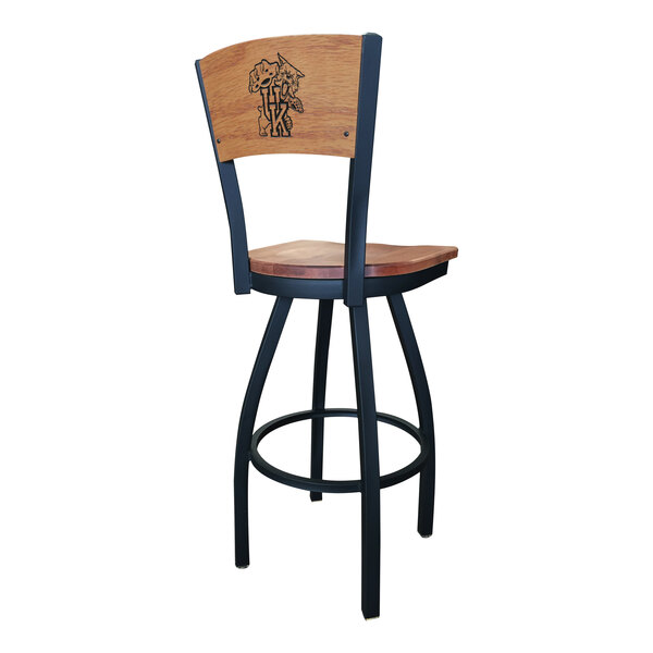 A black steel bar stool with a maple wood back and seat and a University of Kentucky logo on it.