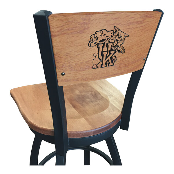 A black steel bar height swivel chair with a maple back and seat and a University of Kentucky logo engraved on the back.