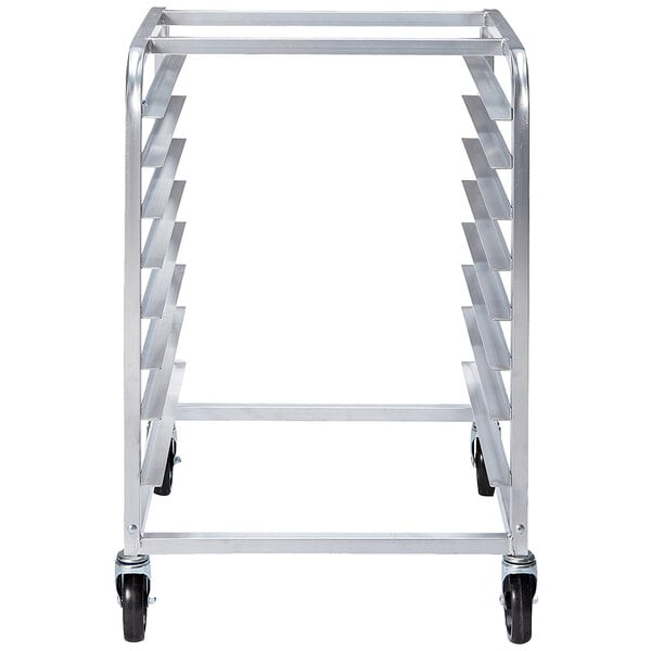 A Channel stainless steel steam table pan rack with wheels.