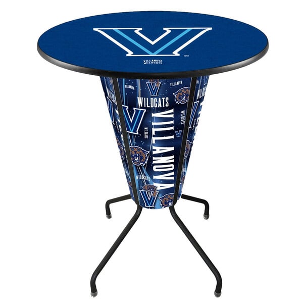 A blue bar height pub table with the Villanova University logo on the top and LED lights.