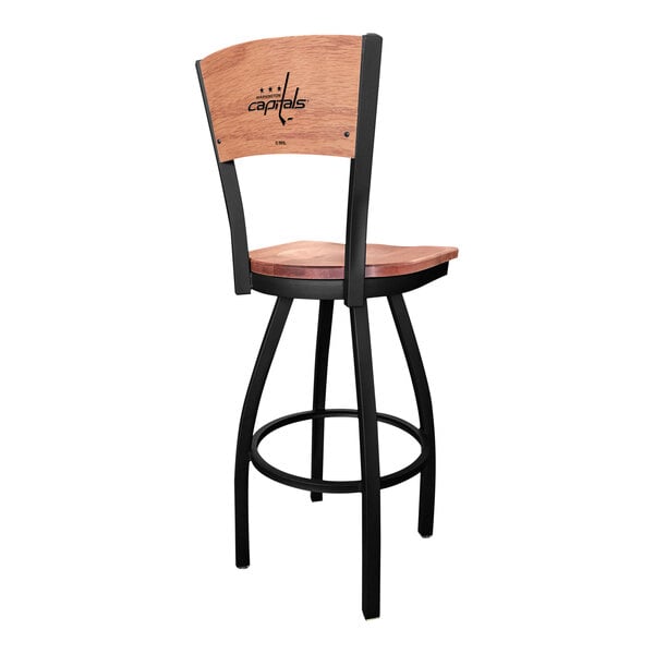 A black steel bar height swivel chair with a maple back and seat, featuring a Washington Capitals laser engraved logo.