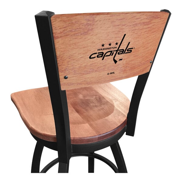 A black steel bar height swivel chair with a maple back and seat, featuring a laser engraved Washington Capitals logo.