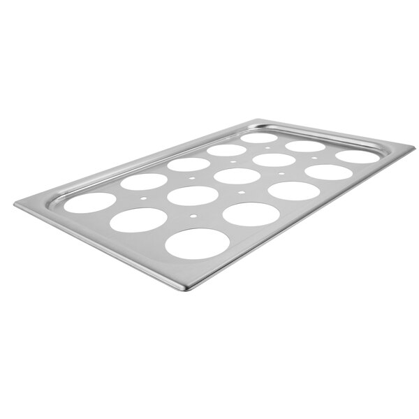A Vollrath stainless steel tray with 15 holes in it.