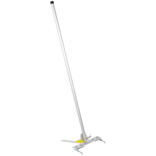 A white and yellow Baffle Boss hood filter lifting fork with a long white pole and a black handle.