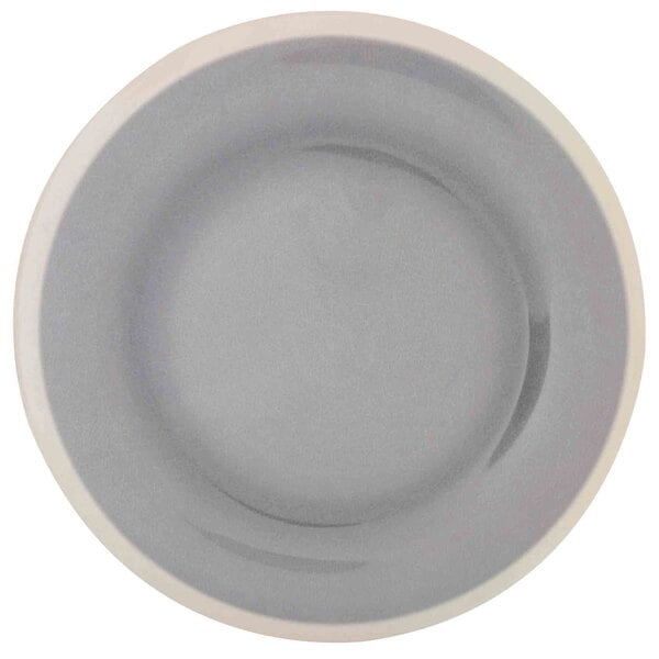 A gray plate with a white rim.