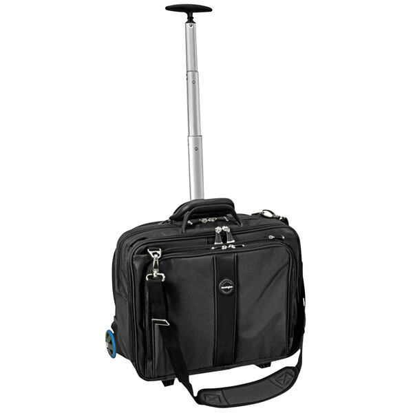A black Kensington rolling laptop case with wheels and a handle.