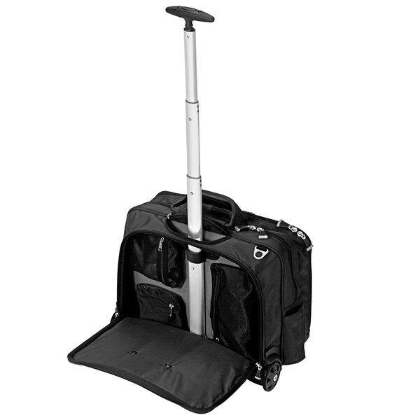 A black Kensington Contour rolling laptop case with a handle and wheels.